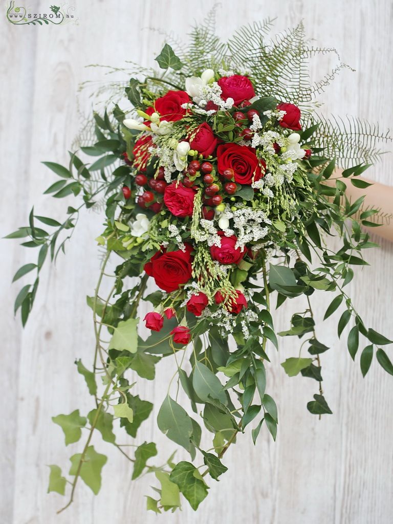 Drop shape bridal bouquet (rose, english rose, spray rose, white, red)