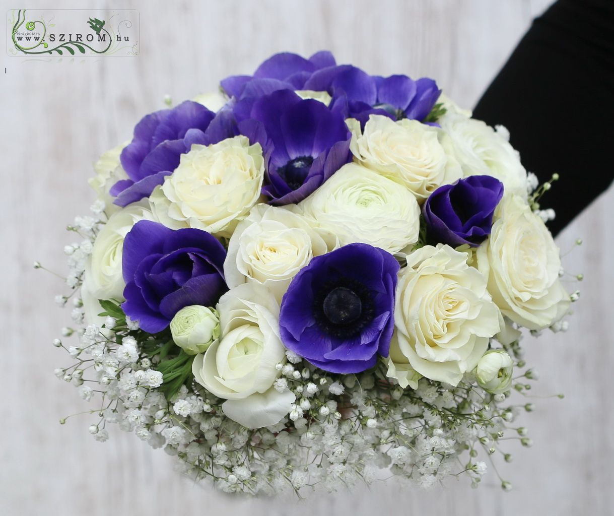 Menyasszonyi csokor (rózsa, boglárka, anemone, rezgő, fehér, kék)