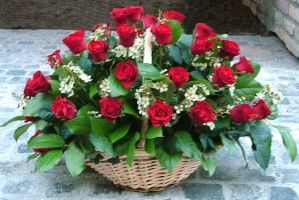 basket of 40 red roses with small flowers