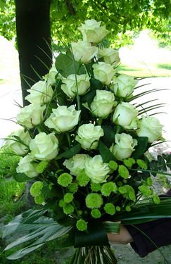 sympathy bouquet of 20 white roses, 5 green pompoms