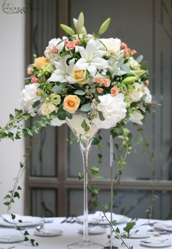 Wedding tall centerpiece Gerbeaud Budapest (hydrangea, rose, liziantus, lily, white, pink, peach)