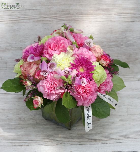 Üvegkocka szegfűvel,  rózsaszín virágokkal és nyári szezonvirágokkal