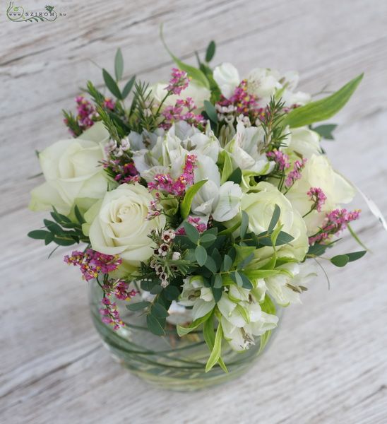 White roses with alstromeries in glass ball