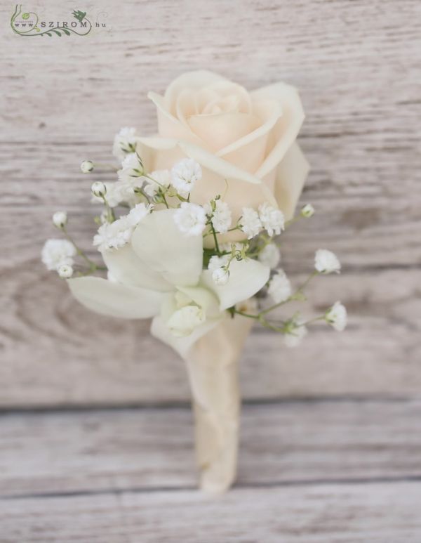 Boutonniere of rose, Dendrobium orchyd, baby's breath (whte and creme)