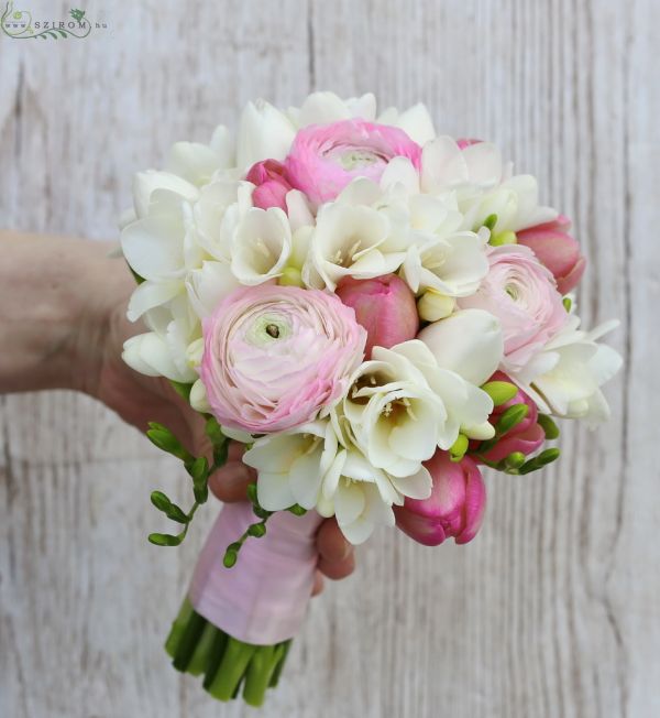 Bridal bouquet (fresia, buttercup, tulip, white, pink, lightpink)