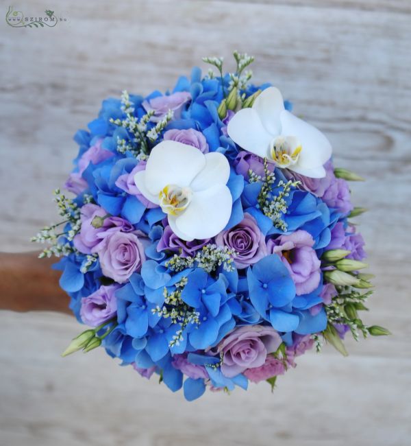 Bridal bouquet (hydrangea, phalaenopsis orchid, lisianthus, rose, blue, purple)