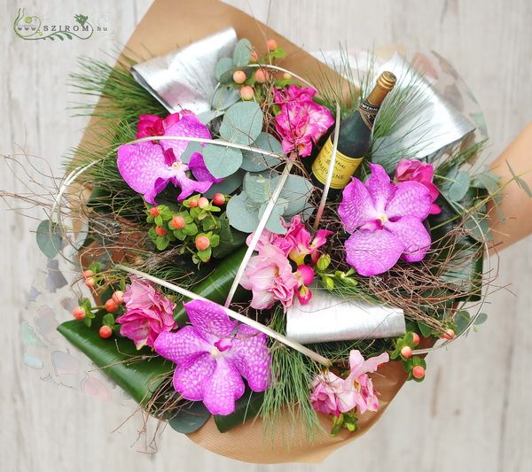 Round bouquet with pink vanda orchids and freesias