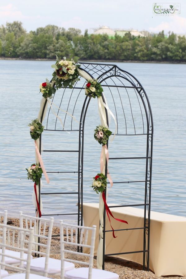 wedding gate white flower arrangement with flowers and ribbons (lisianthus, rose)