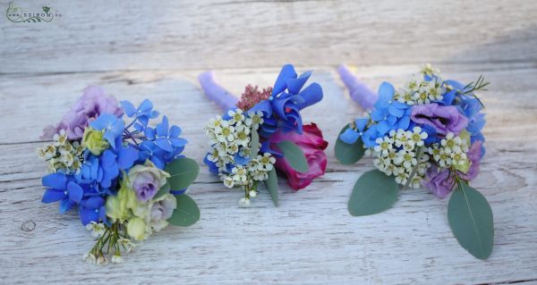 colorful boutonniere (hydrangea, rose, wax, blue, purple) 1 pc