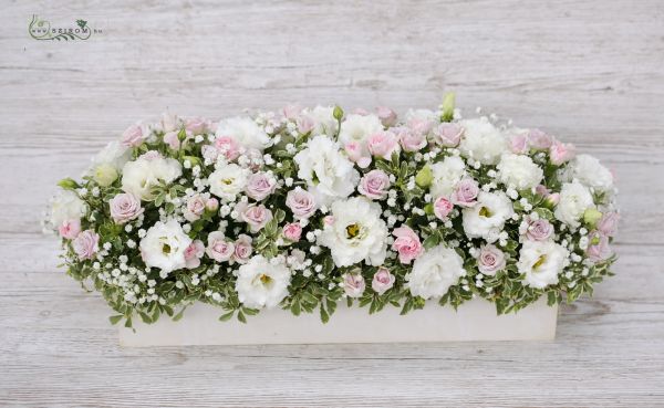 Main table centerpiece in wood box (lisianthus, spray rose, babybreath, white, light pink)