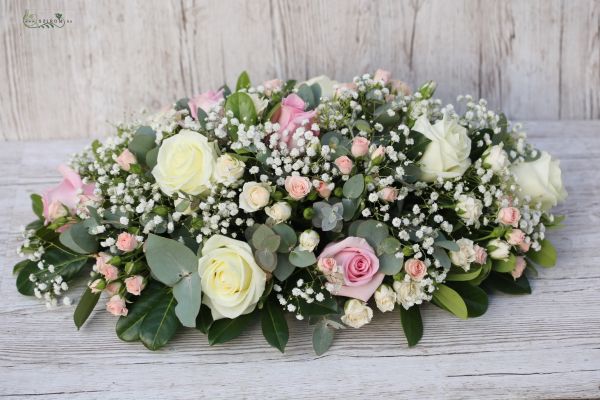 Main table centerpiece (rose, spray rose, babybreath, white, light pink)