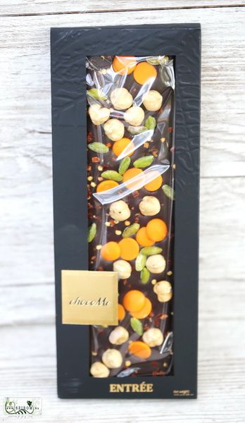 chocoMe hand made dark chocolate with orange flavored chocolate lozenges, pistachios, chili and hazelnuts 110g