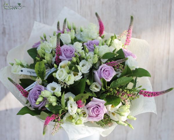 Pastel bouquet with roses, lisianthus, veronica