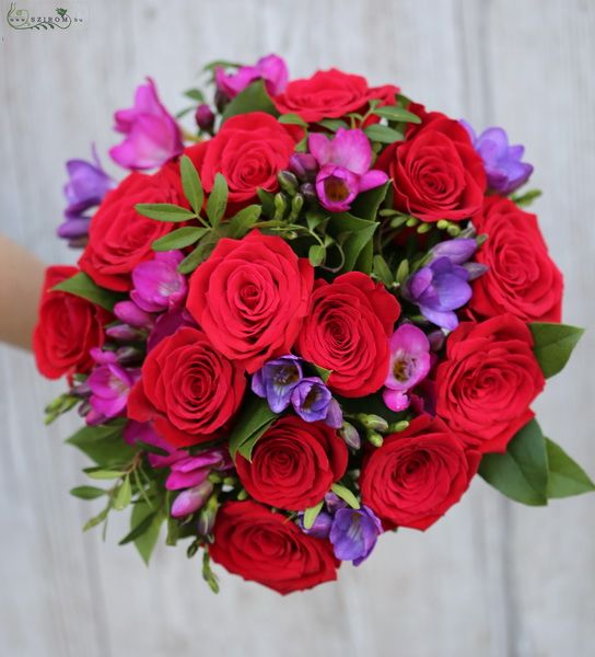 bouquet of red roses and colorfull freesias (25 stems)