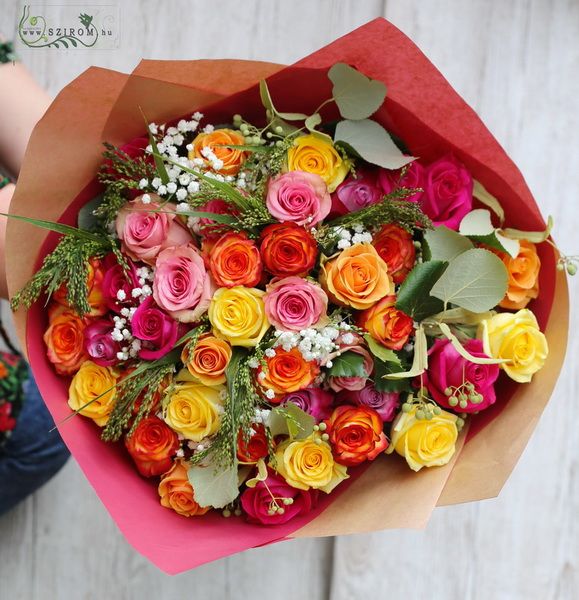 40 colorful roses in big bouquet with gypsophila
