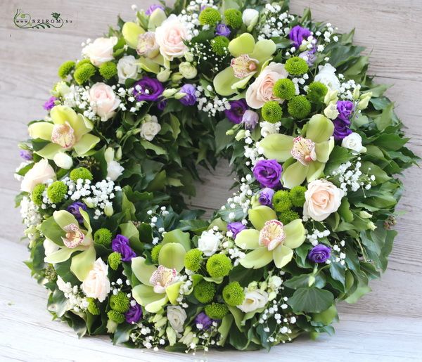 Wreath with green - purple flowers, lisianthuses, orchids, roses (70 cm, 37 stem)
