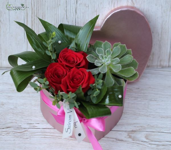 Rosegold heart box with echeveria and 3 red roses