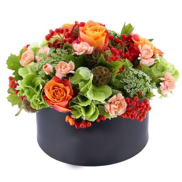 Autunm flowerbox with hydrangeas