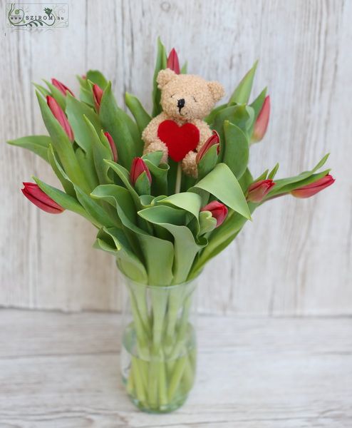  15 rote Tulpen in Vase mit Teddy mit Herz