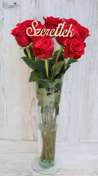 9 red roses n a vase with I love you sign