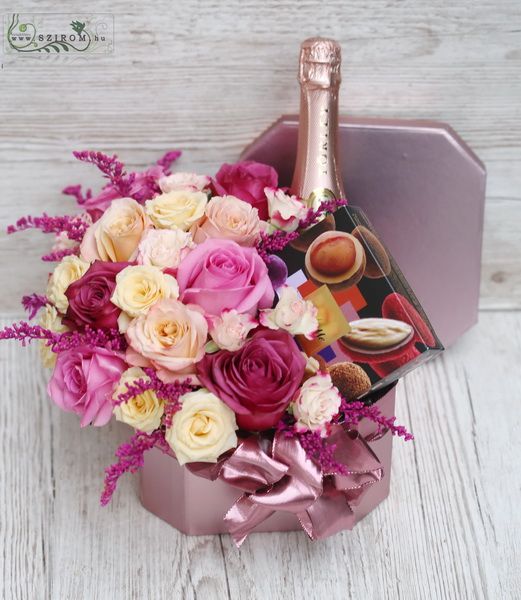 Box with champagne, chocolate, 13 stems of pastel roses