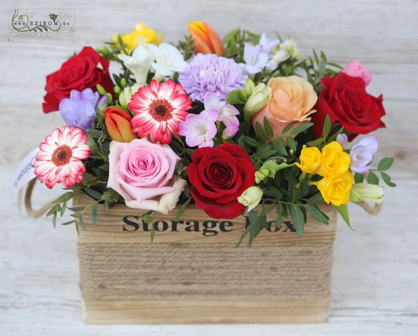 Wooden chest with colorful flowers (32 stems)