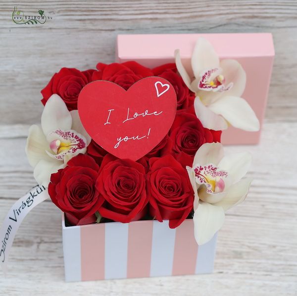 Rose cube box with 9 red roses, 3 orchids, heart