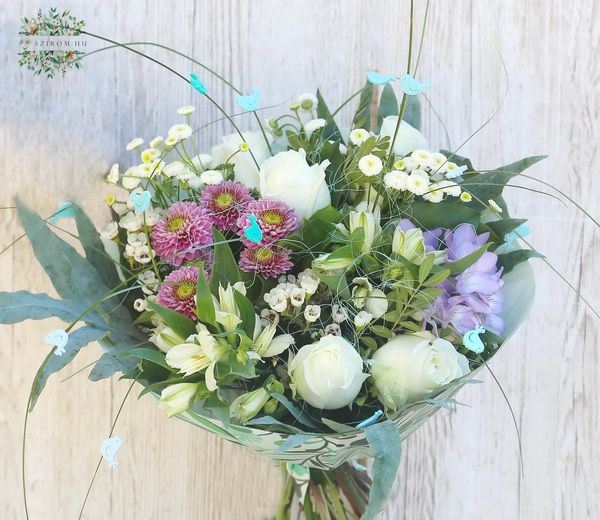 Bouquet with blue birds, roses, small flowers (13 stems)