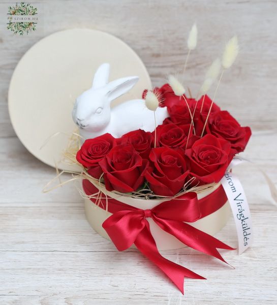 Red rose box with bunny  (10 stems)