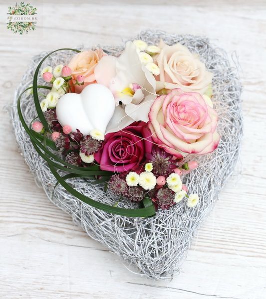 Heart arrangement with roses and orchid