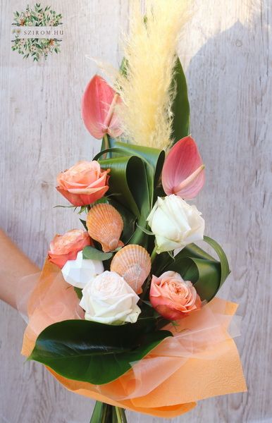 Corall rose bouquet with seashells and anthurium