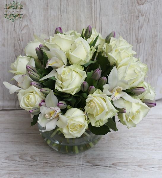 Glass ball with tulips , orchids, roses (44 stems)