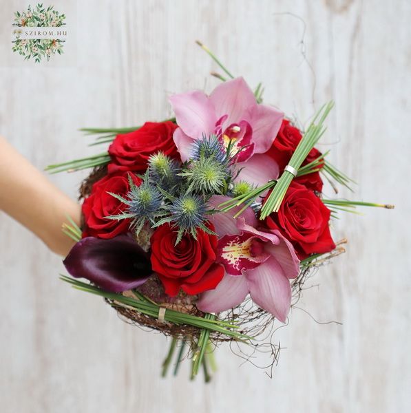 Small red rose bouquet with pine needles and orchids