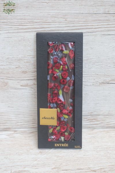 ChocoMe Entrée Valrhona dunkle Schokolade 66 % mit kandierten Veilchenblüten, Bronte-Pistazien, Kirschen (110 g)