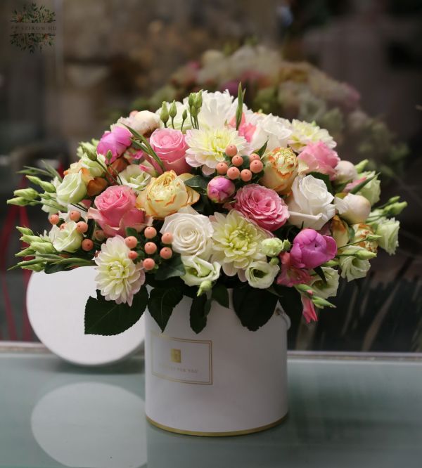 Luxury box of peonyes and roses and meadow flowers, dahlias (60 stems)