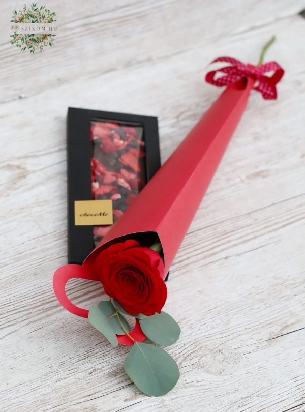 One rose in heart base, with Choco Me handmade chocolate