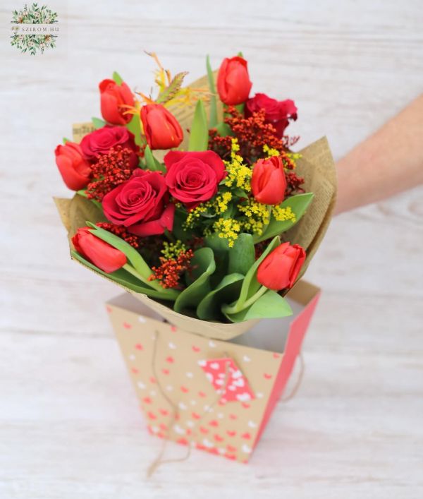 Red roses, tulips and small flowers in aqua pack bag (15 stems)