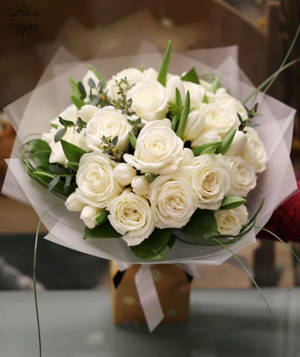 White roses with tulips, in a paper vase, 30 stems