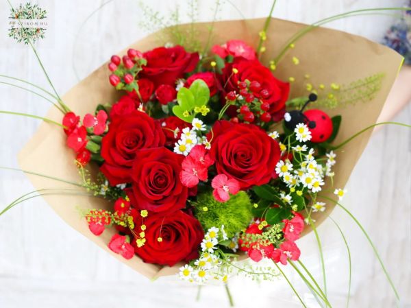 Red rose meadow bouquet with solomio dianthus, chamomile, ladybug (18 stems)