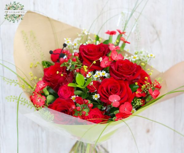 Red rose meadow bouquet with solomio dianthus, chamomile, ladybug (18 stems)