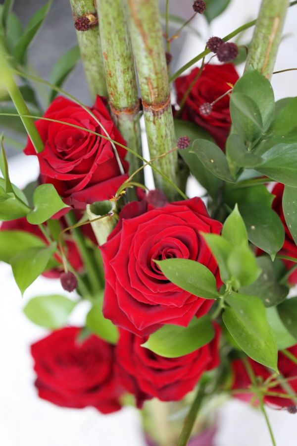 10 red roses in paralel bouquet