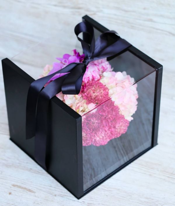 Fluffy flower box with translucent cover, hydrangea, orchid, rose