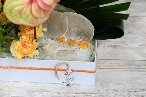 Summer tropical sandy beach flower box with flamingo flower, comb shell