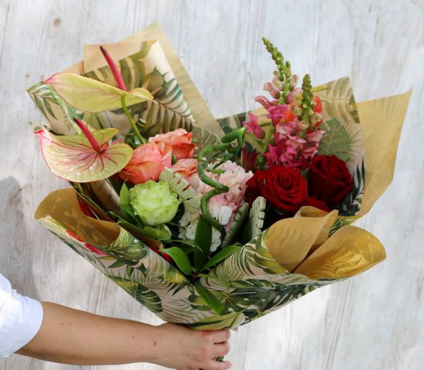 Summer tropical moon bouquet with flamingo flower, roses, bamboo, wooden palm leaves (14 stems)