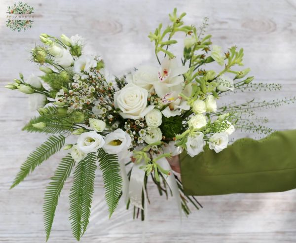 Bridal bouquet with crescent moon shape (white, lisianthus, orchid, rose, wax)