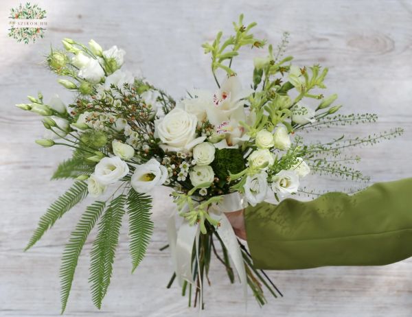 Bridal bouquet with crescent moon shape (white, lisianthus, orchid, rose, wax)