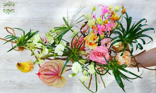 Bouquet with plant cocodamas between the flowers (12 stems plus plants)