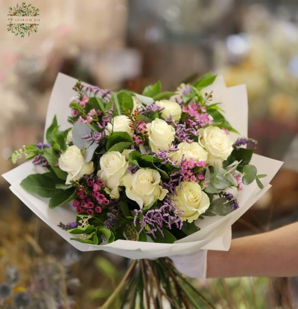 White rose bouquet with small flowers (19 stems)