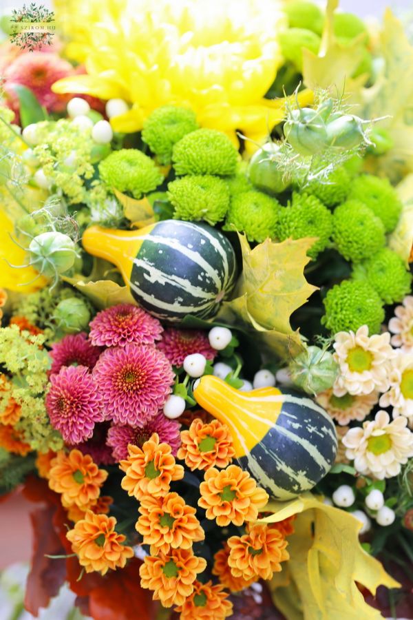 Giant autumn bouquet with color oak leafs, santinis, mini pumpkins