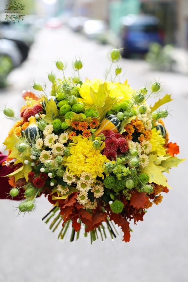 Giant autumn bouquet with color oak leafs, santinis, mini pumpkins